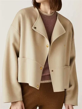 2023 Новая женская кашемирово-шерстяная куртка с косым однобортным круглым вырезом, осенне-зимнее женское ретро пальто с длинными рукавами