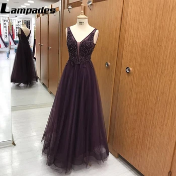 Изысканное Фиолетовое платье для выпускного вечера с V-образным вырезом, Элегантное вечернее платье с ручной вышивкой Бисером и А-силуэтом Vestido Longo Feminino