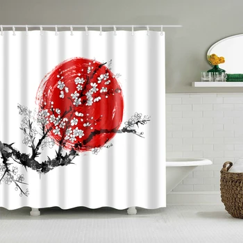 Занавески для душа в японском стиле с вишневыми цветами, занавеска для ванной комнаты с цветочным красным солнцем, водонепроницаемая занавеска для ванны из полиэстера с крючками