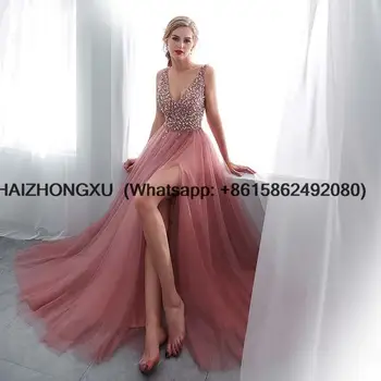 Бисероплетение вечернее платье 2021 V-образный вырез розовый высокий разрез тюль развертки поезд без рукавов вечернее платье-трапеция Кружево до спинки vestido де