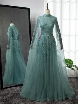 Linyang Зеленое платье для выпускного вечера с высоким вырезом и воротником Элегантное вечернее длинное платье с блестками для женщин 2023