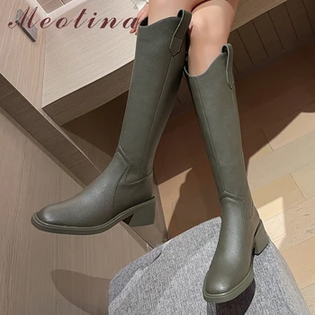 Meotina/ Женские сапоги до колена из натуральной кожи с круглым носком на высоком массивном каблуке и молнии в западном стиле; женская обувь; сезон осень-зима;
