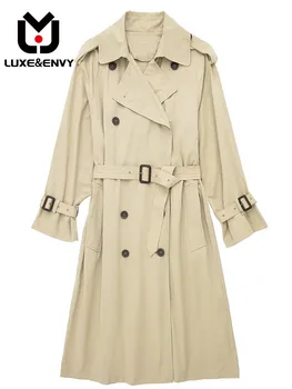 LUXE & ENVY Новое женское однотонное Свободное двубортное пальто-ветровка Design Sense на шнуровке