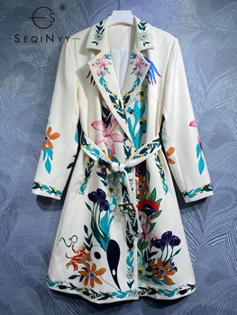 Длинный тренч SEQINYY, белый, осень-весна, новый модный дизайн, винтажный женский элегантный ремень с цветочным принтом на хай-стрит