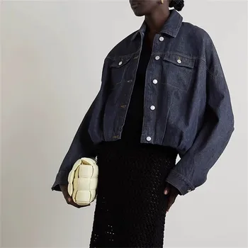 Новый дизайн, женская мода, воротник-поло с длинным рукавом, тонкая джинсовая куртка, универсальное однобортное короткое пальто High Street Lady