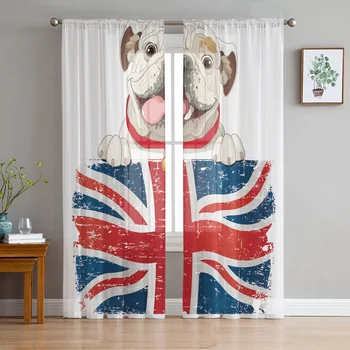 Мультяшная собака с мопсом и Британским флагом Тюлевые занавески для гостиной Спальни Украшения кухни Шифоновые занавески из прозрачной вуали на окна