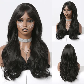 Натуральный черный длинный парик с объемной волной, синтетические парики из черных волос с челкой для афро-женщин, повседневный косплей, Мягкое высокотемпературное волокно