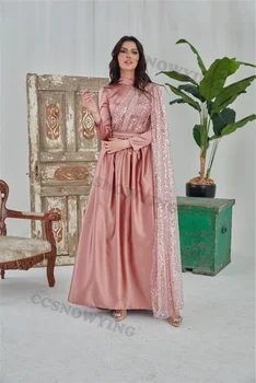 Легкое Роскошное атласное исламское платье для выпускного вечера с высоким воротом из блестящей пряжи и длинным рукавом Мусульманское вечернее платье
