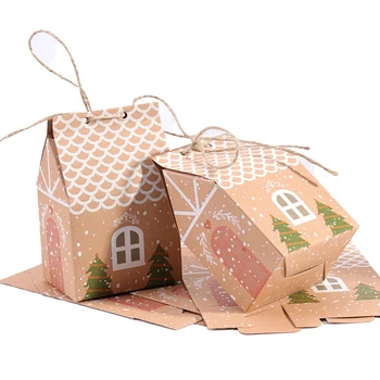 50 штук в форме домика с веревочным пакетом для конфет, Подарочный пакет, как показано, Рождественский кулон из крафт-бумаги, украшение для вечеринки
