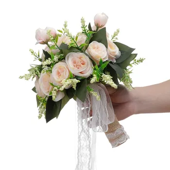 1 Букет свадебных букетов для невесты, искусственные розы, цветы в руках, шелковая лента для украшения дома в винтажном стиле во французском стиле