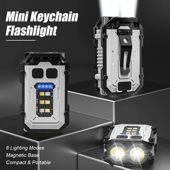 Мини-брелок-фонарик LED + COB с высокой яркостью, перезаряжаемый через USB, 8-режимный фонарь на магнитном основании для кемпинга на открытом воздухе.