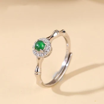 Креативный дизайн Натуральный халцедон Зеленые бамбуковые кольца для женщин Простое и свежее кольцо в китайском стиле Свадебные серебряные украшения