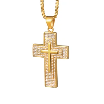 Хип-хоп, покрытый льдом Кулон с большим крестом, мужской Золотой цвет, нержавеющая сталь, кубический цирконий, христианское ожерелье для мужчин, религиозные украшения