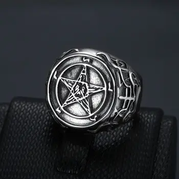SAIYE Мужское кольцо из нержавеющей стали с пентаграммой в виде звезды из мифологии Викингов, Размер 7-15, Титановая сталь 316L, Оптовая продажа