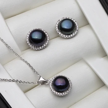 Свадебное ожерелье и серьги из натурального жемчуга Для женщин, набор из пресноводного черного жемчуга, подарок из серебра 925 пробы на годовщину свадьбы