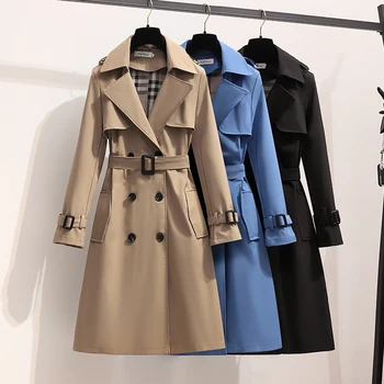 Осенне-зимнее пальто в английском стиле, женская элегантная модная офисная ветровка, Двубортный тонкий тренч средней длины