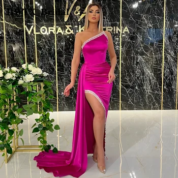 Платья для выпускного вечера в Саудовской Аравии 2023, расшитое бисером Вечернее платье с высоким разрезом на одно плечо, ярко-розовые платья для официальных мероприятий, большие размеры