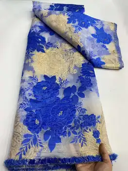 2023 Новая французская дамасская кружевная ткань Высокого качества, африканская 3D вышивка голубыми блестками, жаккардовое индийское свадебное платье сари