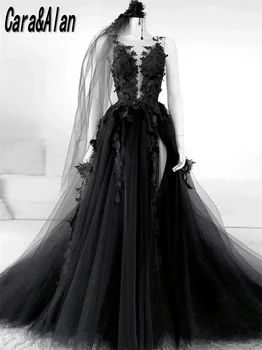 Готические черные свадебные платья с прозрачным вырезом Veik, свадебными платьями с высоким разрезом и открытой спиной, vestidos de novia с 3D цветочной аппликацией