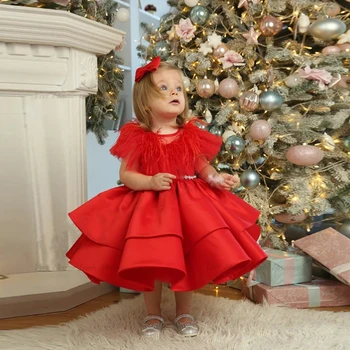 Платье маленькой принцессы длиной до колен, платья с цветочным узором для девочек, красное пышное атласное платье для Первого причастия для маленьких девочек, платье на День рождения, Рождественское платье