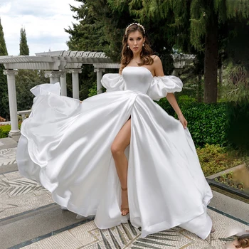 Съемное свадебное платье с коротким пышным рукавом, Атласное Свадебное платье трапециевидной формы с высоким разрезом, простые фасоны Свадебного платья с платьями невесты