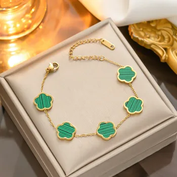 Модный браслет с зеленым цветком Uilz для женщин в подарок Золотой браслет с клевером из нержавеющей стали Ювелирные изделия
