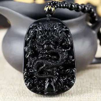 Счастливый ювелирный подарок для мужчин Веревка из черного камня, Резное ожерелье с тотемом дракона из натурального обсидиана