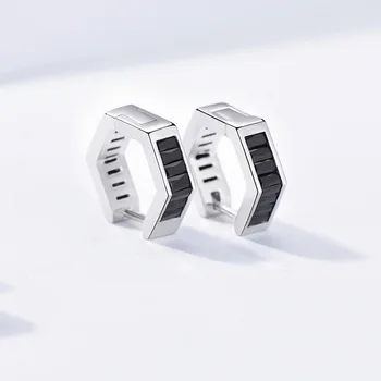 Черные серьги из стерлингового серебра S925 Мужские серьги шестиугольные серьги Женственная корейская индивидуальность Одиночные простые серьги
