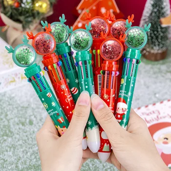 Милый рождественский набор блестящих ручек, мультяшная шариковая ручка 10 цветов, подходящая для отправки подарков учащимся, Рождественский подарок для детей