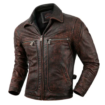 Винтажная коричневая мужская весенняя куртка в американском повседневном стиле, большие размеры 5XL, натуральная воловья кожа, осенние приталенные пальто из натуральной кожи