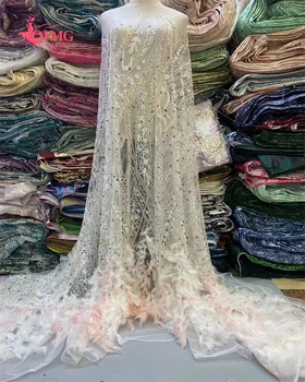Новейшая Роскошная кружевная ткань из африканских перьев 2023 года, высококачественная вышивка пайетками, Нигерийское тюлевое кружево для свадебной вечеринки, длинное платье