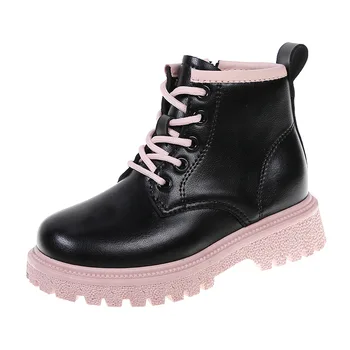 Новые детские кожаные нескользящие теплые ботинки на мягкой подошве, Модная повседневная обувь для прогулок для девочек со шнуровкой спереди