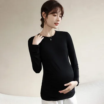 Новая модальная Женская футболка для беременных с длинным рукавом 2023, осенний Корейский пуловер с круглым вырезом, однотонная Мягкая Базовая футболка для беременных