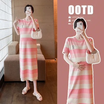 O46476 # Корейское модное платье в женском стиле в полоску, повседневная одежда для беременных, Вязаное платье для беременных