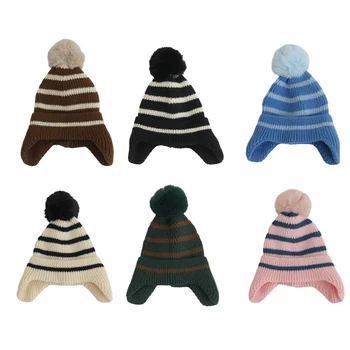 Стильная вязаная шапка-ушанка с помпоном для малышей, осенне-зимняя шапка, теплая шапка Унисекс для мальчиков и девочек