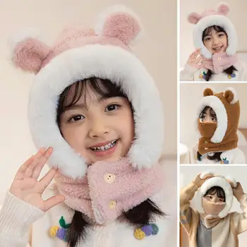 Детская шапка для мальчиков и девочек, погодная детская шапка, флисовая детская шапка с ушками мультяшного Медведя, с защитой для лица, на пуговицах, удобная для зимы