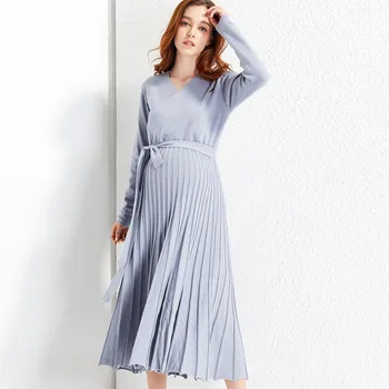 CARECODE, винтажное платье-свитер для беременных, модное осенне-зимнее женское элегантное трикотажное платье Миди для беременных с длинным рукавом и V-образным вырезом