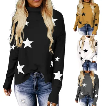 Осенне-зимний вязаный свитер Женский пуловер с высоким воротом и длинными рукавами и рисунком звезды Женский свитер