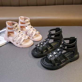 Летние сандалии для девочек 2023 года, дышащие сандалии с открытым носком, школьная обувь для девочек, детская повседневная обувь из искусственной кожи, черный, розовый цвет