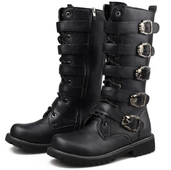 Мужские черные ботинки с пряжкой для армейского ремня в стиле ретро в стиле панк, мотоциклетные кожаные военные ботинки на молнии, осенняя мужская обувь, размер 37-46