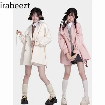 Irabeezt Милые женские пальто с лацканами однотонные повседневные простые куртки винтажные свободные хлопчатобумажные куртки для горячих девушек, топы женской одежды в стиле ретро