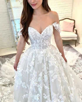 Романтическое свадебное платье с кружевными аппликациями в виде принцессы, свадебные платья для женщин, бальное платье с открытыми плечами