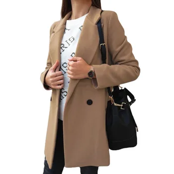 Женское шерстяное пальто с длинным рукавом Осень зима однотонный костюм с двубортным воротником Длинные шерстяные пальто