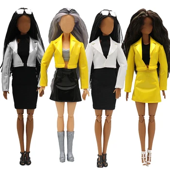29 см платье для куклы Барби аксессуары искусственное зеркало желтая кожаная куртка кожаная юбка костюм с коротким рукавом кожаная юбка костюм