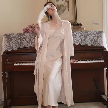 Комплект женских халатов, однотонный шелковый сексуальный женский халат с открытой спиной, весенне-осенний халат, атлас, 2 шт., кружевная ночная рубашка в стиле пэчворк