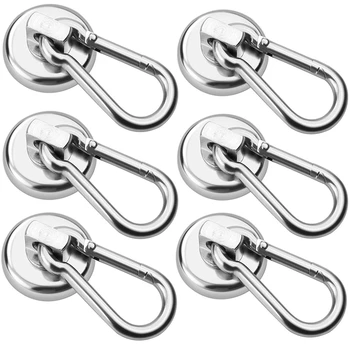 6 упаковок серебряных магнитных крючков, металлических магнитных крючков, сверхмощных неодимовых магнитных крючков с поворотным карабином, серебристый