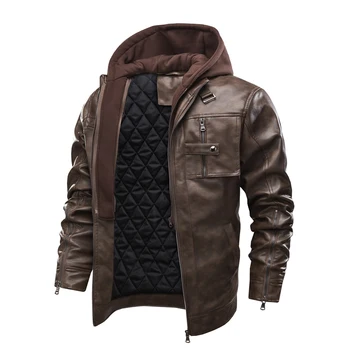 Зимние теплые винтажные мотоциклетные пальто в стиле панк, кожаные куртки из искусственной кожи с капюшоном для мужчин, повседневные куртки из воловьей кожи