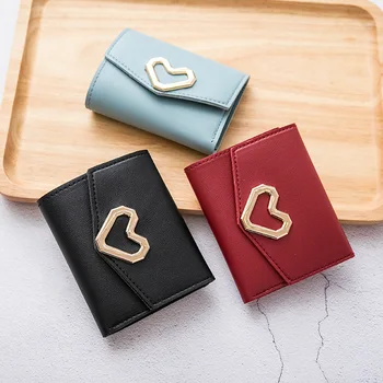 Модный короткий кошелек Женская Корейская версия, маленький зажим для денег в форме сердца, простой квадратный трехстворчатый зажим для денег, женский кошелек для монет