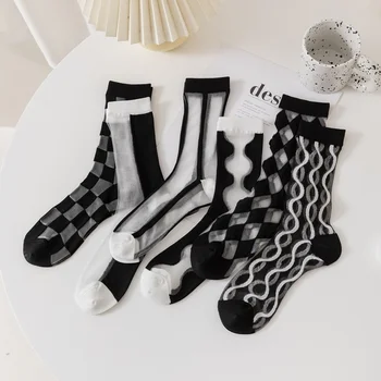 Женские хрустальные шелковые носки JK, повседневные модные черно-белые клетчатые носки для экипажа, летние ультратонкие шелковые носки из прозрачного стекла в стиле Харадзюку