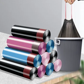 5 рулонов бытового цветного мешка для мусора с утолщенной веревкой, портативного автоматического закрывания, одноразового кухонного многофункционального пластикового пакета